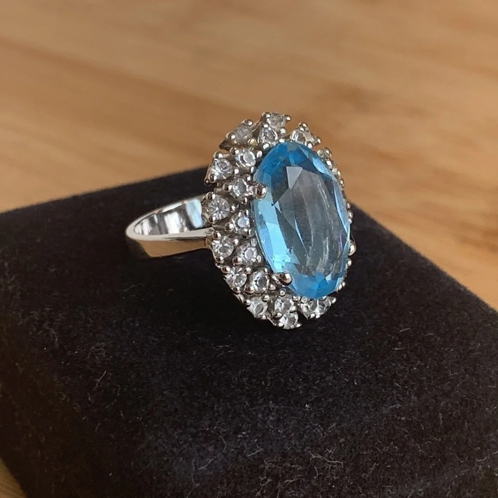 Statement Simulated Crystal Diamond & Blue Stone Marked “925 Spain” Ring
